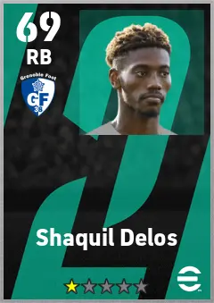 Shaquil Delos eFootball 2026 player card — 69 OVR RB