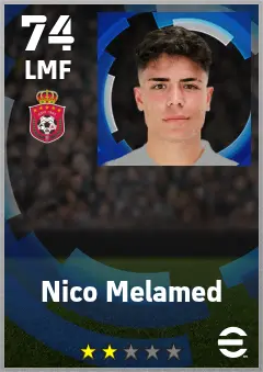 Nico Melamed eFootball 2026 player card — 74 OVR LMF