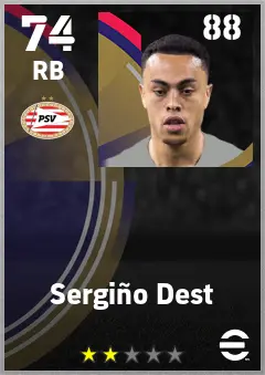 Sergino Dest eFootball 2026 player card — 74 OVR RB