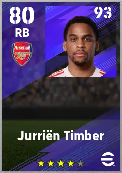 Jurrien Timber eFootball 2026 player card — 80 OVR RB