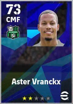 Aster Vranckx eFootball 2026 player card — 73 OVR CMF