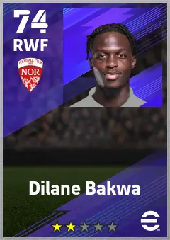 Dilane Bakwa eFootball 2026 player card — 74 OVR RWF