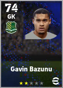 Gavin Bazunu eFootball 2026 player card — 74 OVR GK