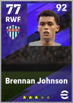 Brennan Johnson eFootball 2026 player card — 77 OVR RWF