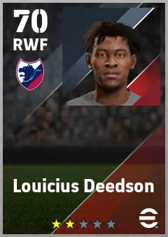 Louicius Deedson eFootball 2026 player card — 70 OVR RWF