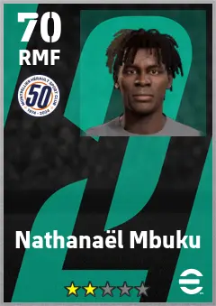 Nathanael Mbuku eFootball 2026 player card — 70 OVR RMF