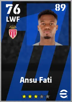 Ansu Fati eFootball 2026 player card — 76 OVR LWF