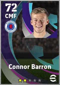 Connor Barron eFootball 2026 player card — 72 OVR CMF