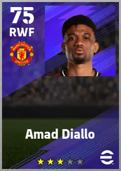 Amad Diallo eFootball 2026 player card — 75 OVR RWF