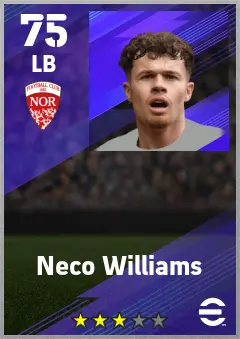 Neco Williams eFootball 2026 player card — 75 OVR LB
