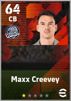 Maxx Creevey eFootball 2026 player card — 64 OVR CB