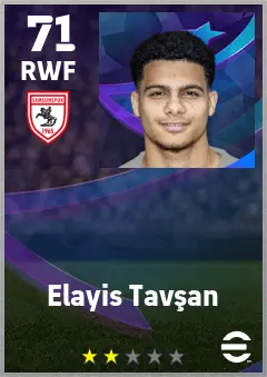 Elayis Tavsan eFootball 2026 player card — 71 OVR RWF