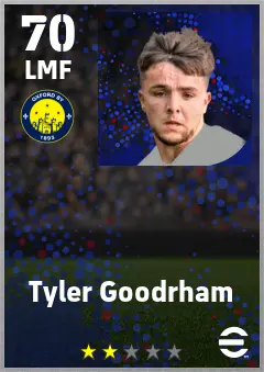 Tyler Goodrham eFootball 2026 player card — 70 OVR LMF