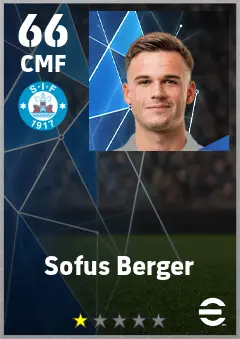 Sofus Berger eFootball 2026 player card — 66 OVR CMF