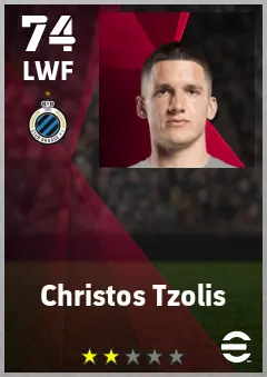 Christos Tzolis eFootball 2026 player card — 74 OVR LWF