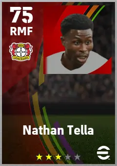 Nathan Tella eFootball 2026 player card — 75 OVR RMF