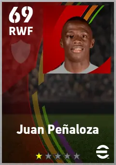 Juan Penaloza eFootball 2026 player card — 69 OVR RWF