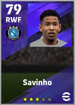 Savinho eFootball 2026 player card — 79 OVR RWF