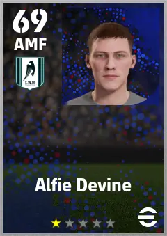 Alfie Devine eFootball 2026 player card — 69 OVR AMF