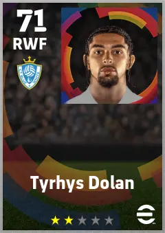Tyrhys Dolan eFootball 2026 player card — 71 OVR RWF