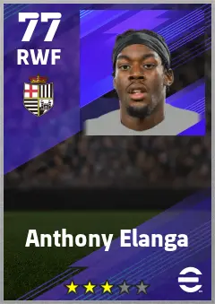 Anthony Elanga eFootball 2026 player card — 77 OVR RWF