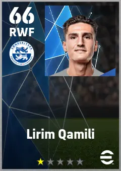 Lirim Qamili eFootball 2026 player card — 66 OVR RWF