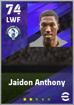 Jaidon Anthony eFootball 2026 player card — 74 OVR LWF