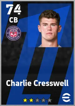 Charlie Cresswell eFootball 2026 player card — 74 OVR CB