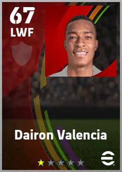 Dairon Valencia eFootball 2026 player card — 67 OVR LWF