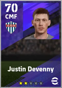 Justin Devenny eFootball 2026 player card — 70 OVR CMF