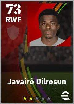 Javairo Dilrosun eFootball 2026 player card — 73 OVR RWF