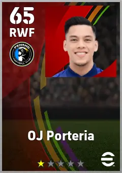 OJ Porteria eFootball 2026 player card — 65 OVR RWF