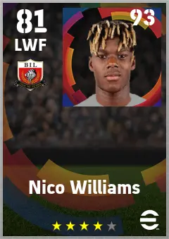 Nico Williams eFootball 2026 player card — 81 OVR LWF