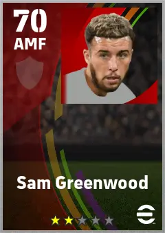 Sam Greenwood eFootball 2026 player card — 70 OVR AMF