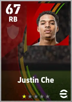Justin Che eFootball 2026 player card — 67 OVR RB