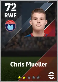 Chris Mueller eFootball 2026 player card — 72 OVR RWF