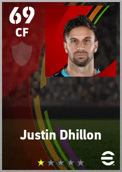 Justin Dhillon eFootball 2026 player card — 69 OVR CF
