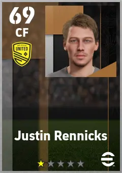 Justin Rennicks eFootball 2026 player card — 69 OVR CF