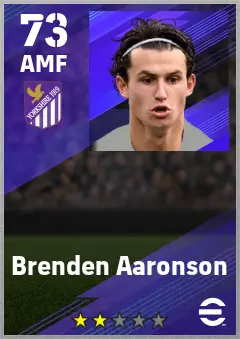 Brenden Aaronson eFootball 2026 player card — 73 OVR AMF