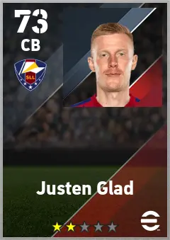 Justen Glad eFootball 2026 player card — 73 OVR CB