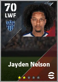 Jayden Nelson eFootball 2026 player card — 70 OVR LWF