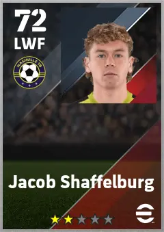 Jacob Shaffelburg eFootball 2026 player card — 72 OVR LWF