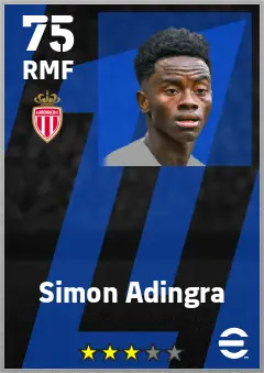 Simon Adingra eFootball 2026 player card — 75 OVR RMF