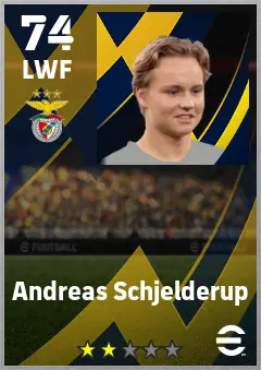 Andreas Schjelderup eFootball 2026 player card — 74 OVR LWF