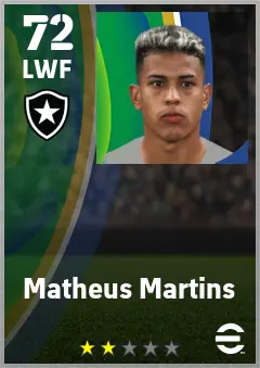 Matheus Martins eFootball 2026 player card — 72 OVR LWF