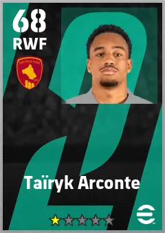 Tairyk Arconte eFootball 2026 player card — 68 OVR RWF
