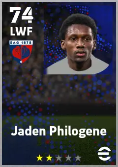 Jaden Philogene eFootball 2026 player card — 74 OVR LWF