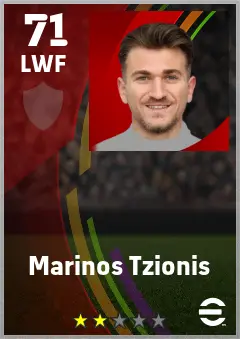 Marinos Tzionis eFootball 2026 player card — 71 OVR LWF