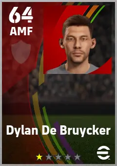 Dylan De Bruycker eFootball 2026 player card — 64 OVR AMF