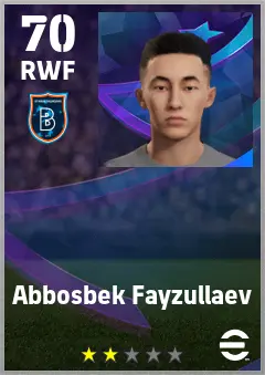 Abbosbek Fayzullaev eFootball 2026 player card — 70 OVR RWF